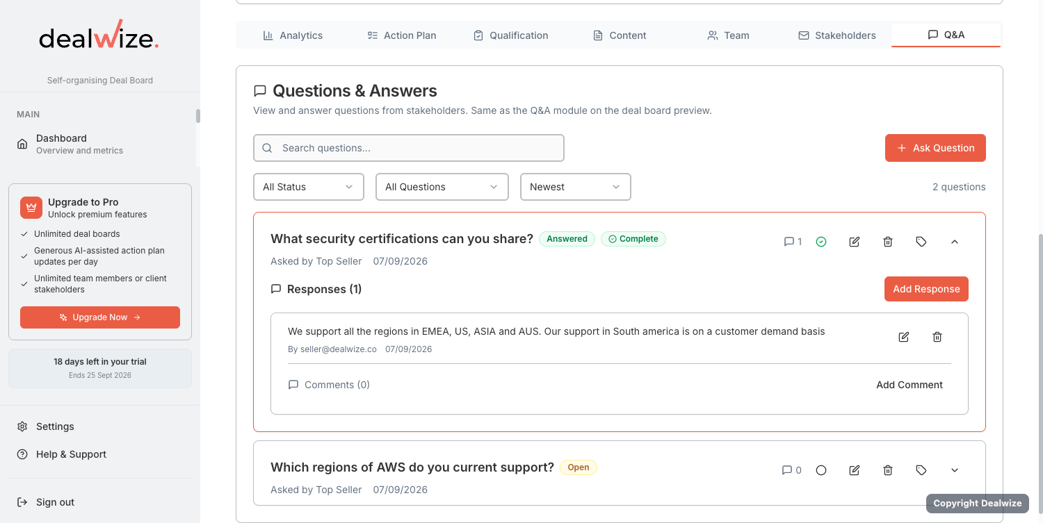 Figure 1: Deal Board Interactive Q&A module showing contextual inquiry threads, resolution statuses, and buyer discussion history