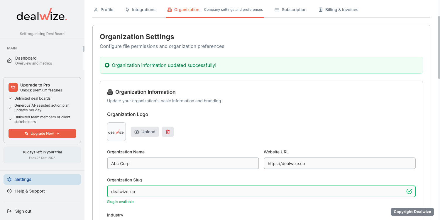 Figure 3: Organization administration view showing company identity, branding logo upload, custom domain settings, and qualification frameworks