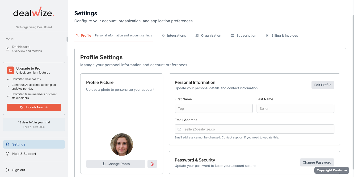 Figure 1: Personal profile settings panel showing avatar upload, name, email, and password security controls