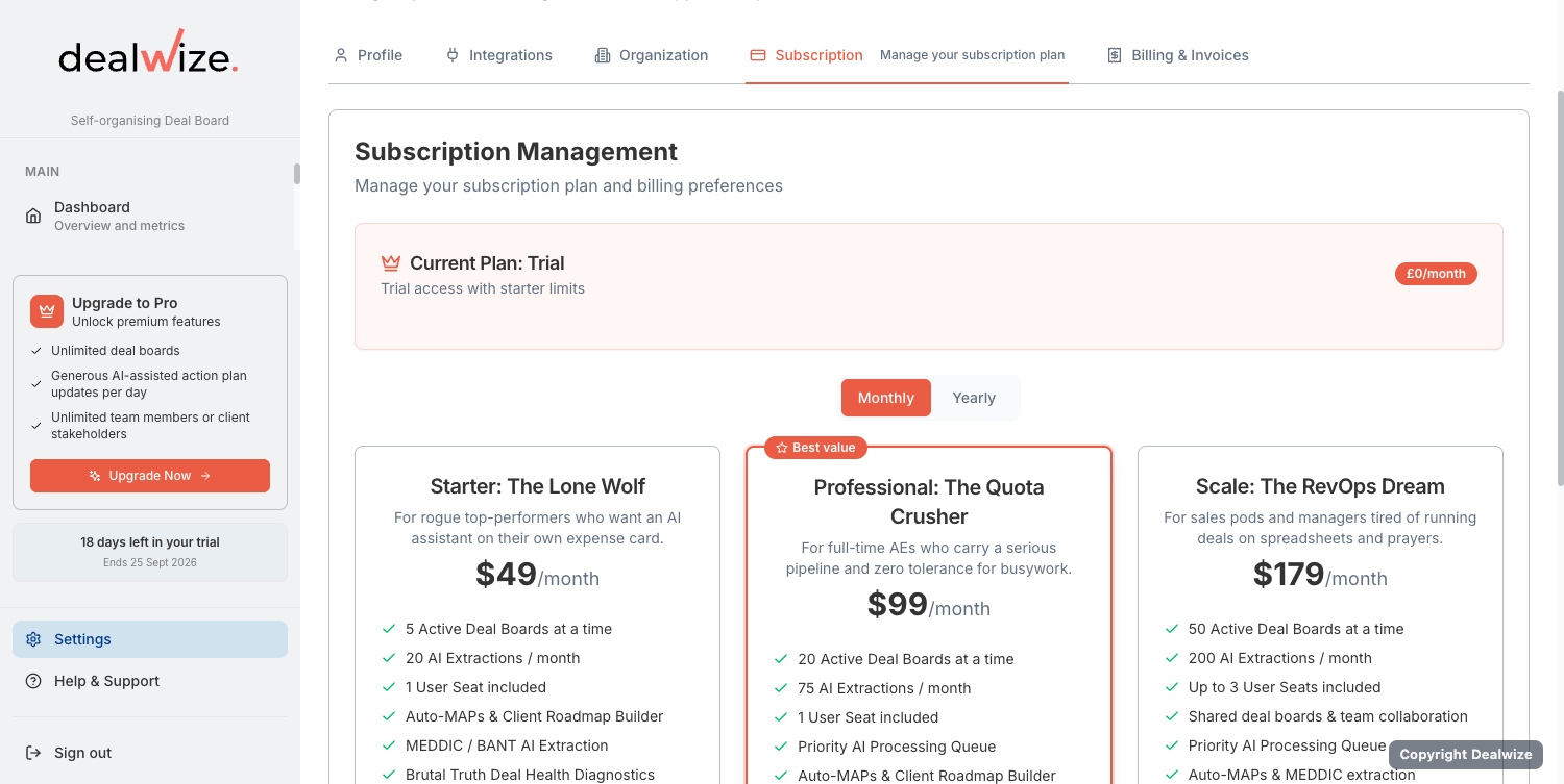 Figure 4: Subscription and billing management showing plan tier, seat allocations, Stripe customer portal access, and invoice download history